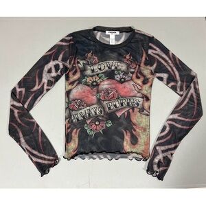 ‘Love Always Burns’ Y2K Tattoo Heart Flames Long Sleeve Shirt Top Tee Size S 🔥✨